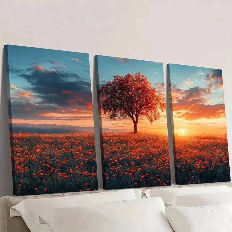 3pcs Home Relaxation Sunset Meadow Landscape Wall Art Set Canvas Framed 50x70cm - High Quality Print 100% Australian Made Wall Canvas Ready to Hang