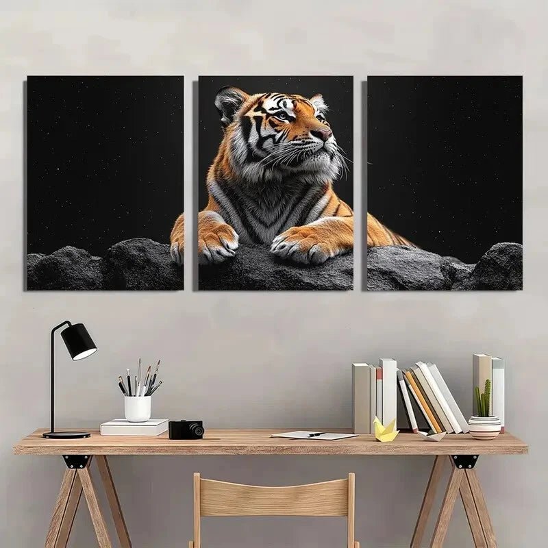 3pcs Black & White Tiger on Rocks Starry Night Metal Print Ready to Hang Art