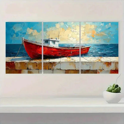 3pcs Vibrant Impasto Seascape with Red Boat F Wall Art Set Canvas Unframed - High Quality Print 100% Australian Made Wall Canvas - Bella Home Decor
