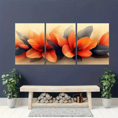 3pcs Vibrant Orange Abstract Floral Metal Print Ready to Hang Art