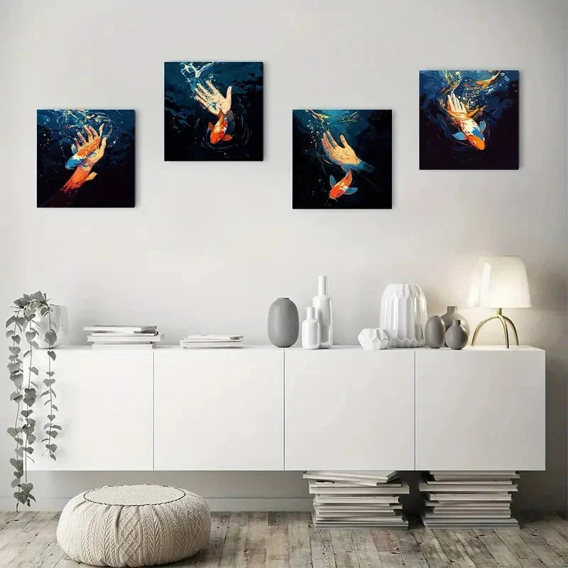 4pcs Koi Fish and Hands PalmWall Art Canvas Framed