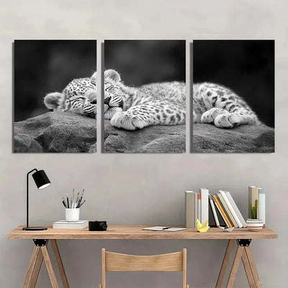 3pcs Black & White Leopard Cub Sleeping Metal Print Ready to Hang Art