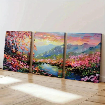3pcs Mountain Landscape Colorful Trees Serene Wall Art Set Canvas Framed 40x60cm - High Quality Print 100% Australian Made Wall Canvas Ready to Hang