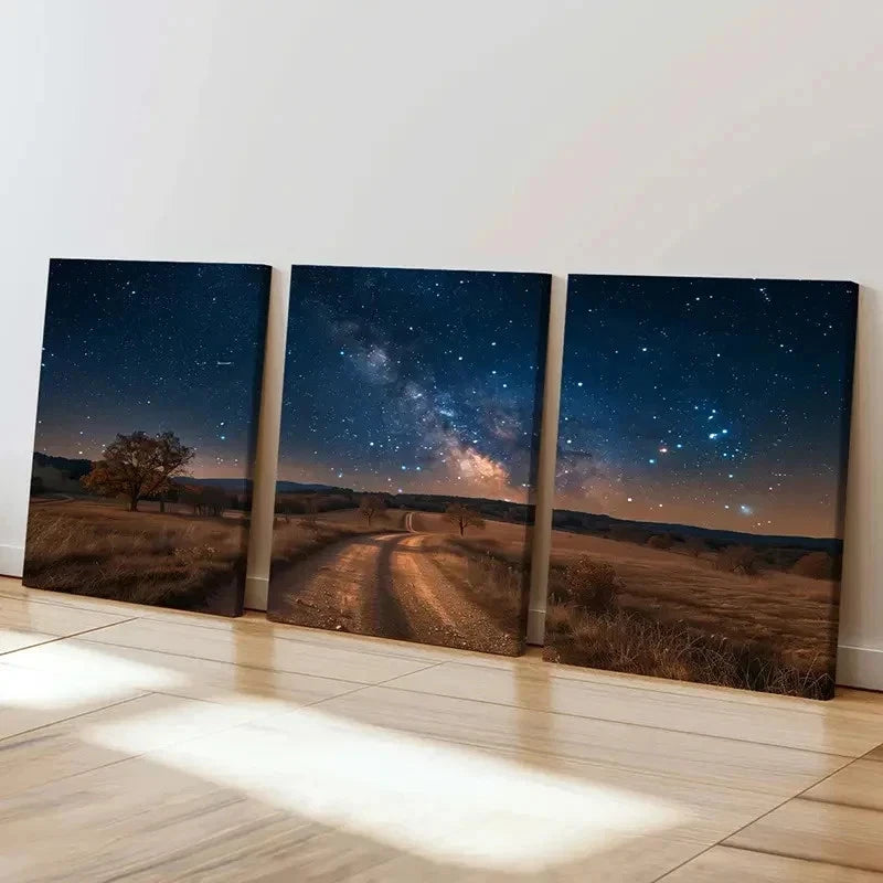 3pcs Night Scene Road Under The Star Wall Art Set Canvas Framed 40x60cm - High Quality Print 100% Australian Made Wall Canvas Ready to Hang