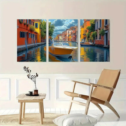 3pcs Venice Canal Colorful Waterfront Perfect Wall Art Set Canvas Framed 40x60cm - High Quality Print 100% Australian Made Wall Canvas Ready to Hang