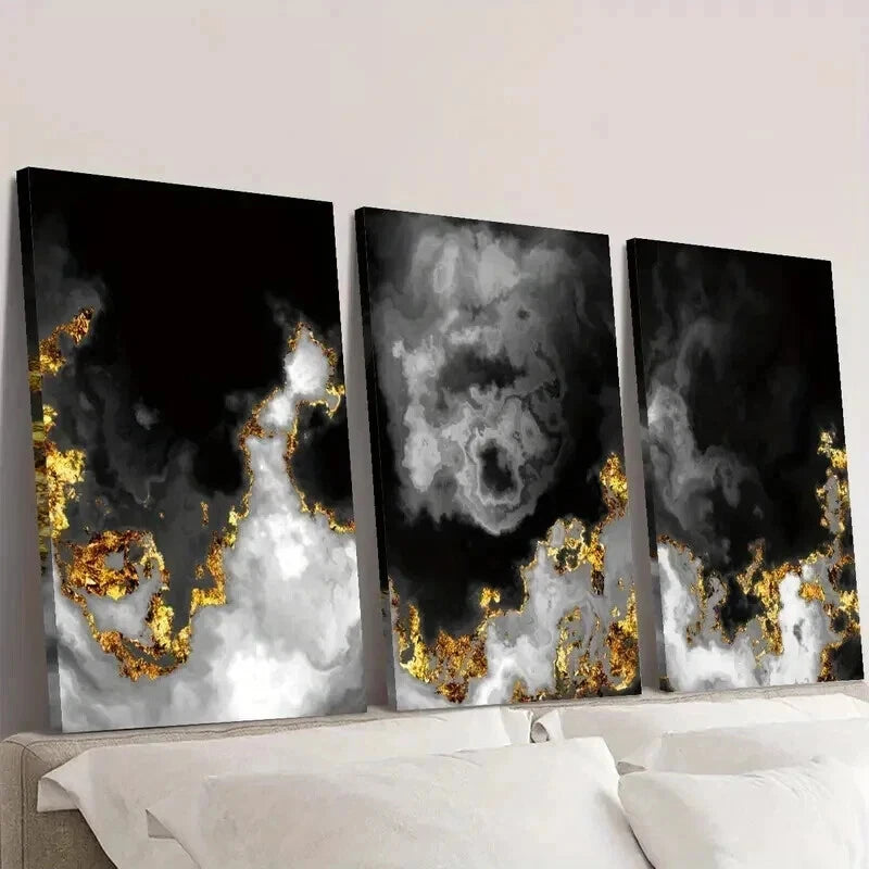 3pcs Black and Gold Abstract Space Clouds Wall Art Set Canvas Framed 40x60cm - High Quality Print 100% Australian Made Wall Canvas Ready to Hang