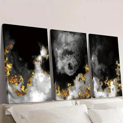 3pcs Black and Gold Abstract Space Clouds Wall Art Set Canvas Framed 40x60cm - High Quality Print 100% Australian Made Wall Canvas Ready to Hang