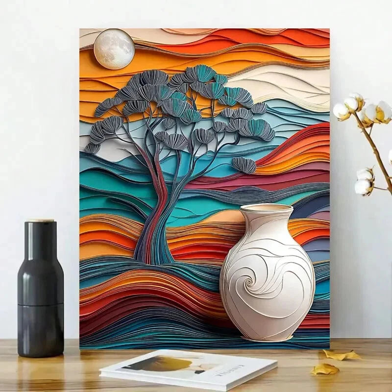Paper Art of a Tree, Vase And Landscape in Three Color  40x60cm Metal Print Ready to Hang