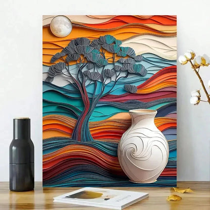 Paper Art of a Tree, Vase And Landscape in Three Color  40x60cm Metal Print Ready to Hang