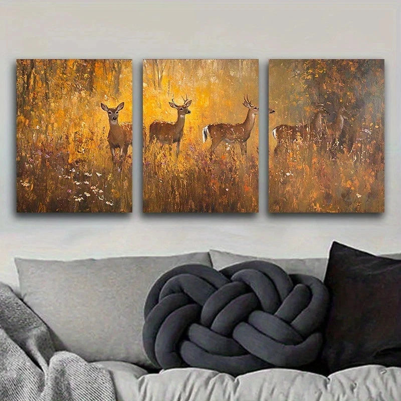 3pcs White Tailed Deer in an Autumn Forest Metal Print Ready to Hang Art