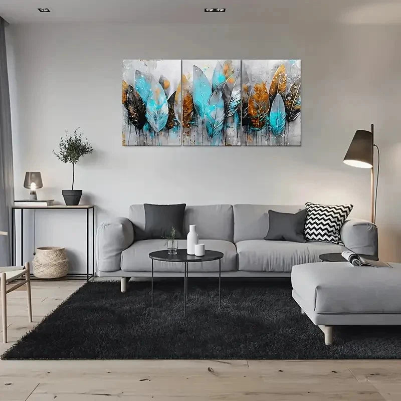 3pcs Abstract Feather Blue and Brown Wall Art Set Canvas Framed 40x60cm - High Quality Print 100% Australian Made Wall Canvas Ready to Hang