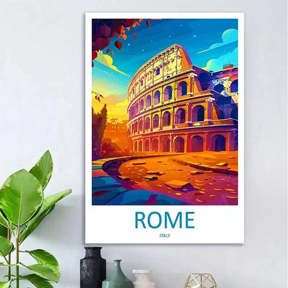 Vintage Rome Colosseum Italy Cobblestone Travel Poster Print Wall Art