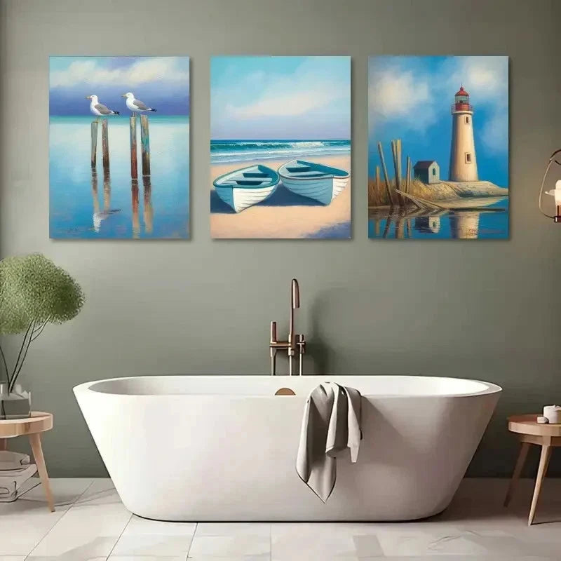 3pcs Seagulls Rowboats Lighthouse Painting Metal Print Ready to Hang Art