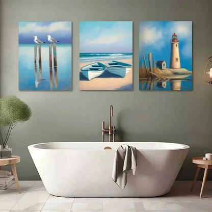 3pcs Seagulls Rowboats Lighthouse Painting Metal Print Ready to Hang Art