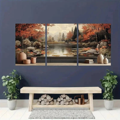 3pcs Serene for Lotus Pond Landscape Wall Art Set Canvas Framed 40x60cm - High Quality Print 100% Australian Made Wall Canvas Ready to Hang