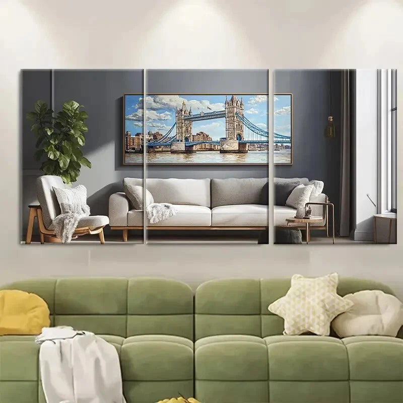 3pcs Vibrant Cityscape with Tower Bridge & Houses Metal Print Ready to Hang Art