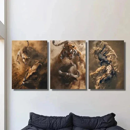 3pcs Cheetah Tiger Crocodile Hunting & Eating Wall Art Set Canvas Unframed - High Quality Print 100% Australian Made Wall Canvas