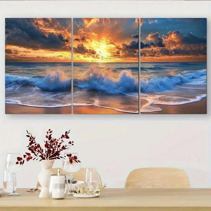 3pcs Ocean Sunset Vibrant Beach Scene Wall Art Set Canvas Framed 40x60cm - High Quality Print 100% Australian Made Wall Canvas Ready to Hang