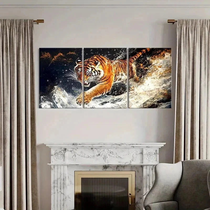 3pcs Tiger Bursting Through Water Wall Art Set Canvas Framed 40x60cm - High Quality Print 100% Australian Made Wall Canvas Ready to Hang