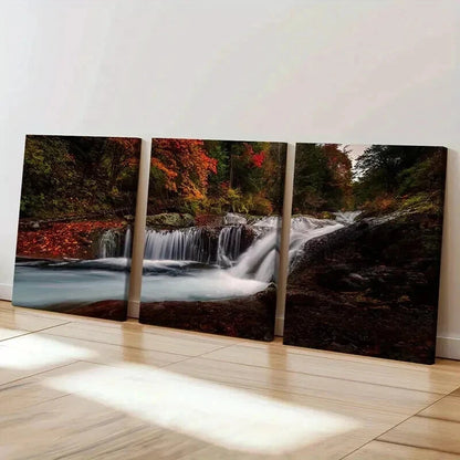 3pcs Forest Stream Waterfall & Red Floral Wall Art Set Canvas Framed 40x60cm - High Quality Print 100% Australian Made Wall Canvas Ready to Hang