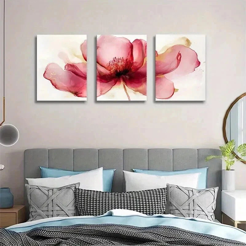 3pcs Modern Red Floral Elegant Golden Accents Wall Art Set Canvas Framed 40x60cm - High Quality Print 100% Australian Made Wall Canvas Ready to Hang