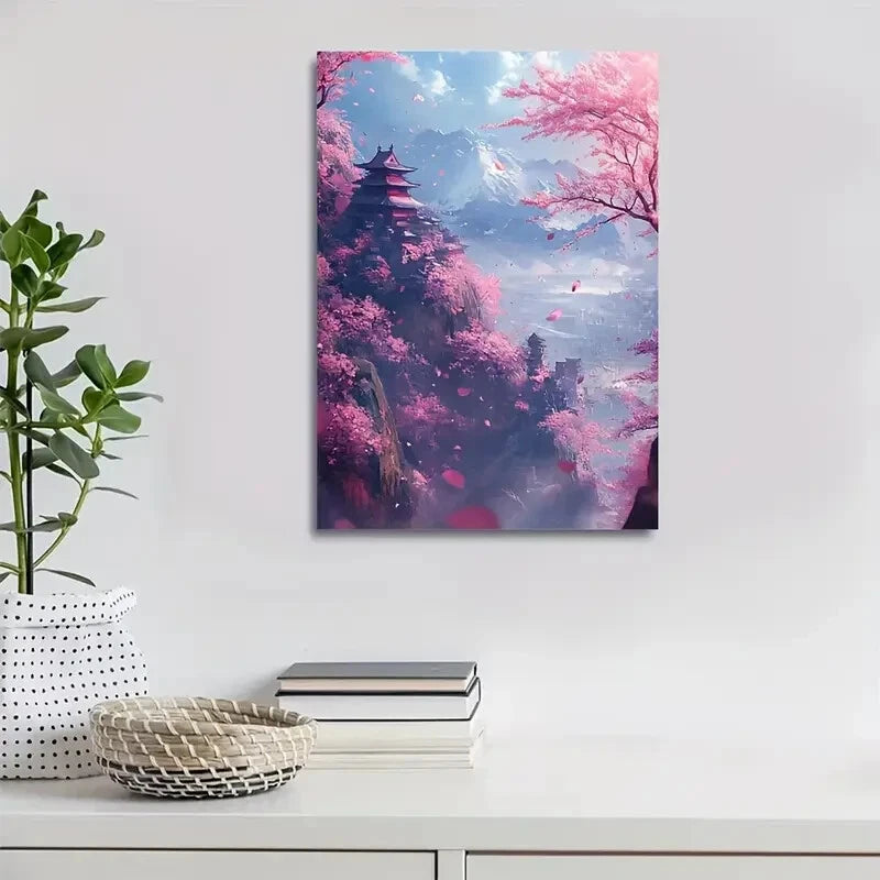 Cherry Blossom Japanese Landscap Blooming Painting 40x60cm Metal Print Ready to Hang