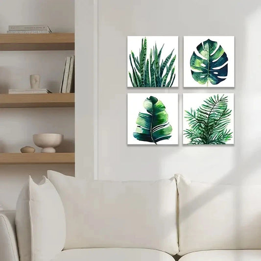 4pcs Green Plant & Sage Monstera Leaf Wall Art Canvas Framed