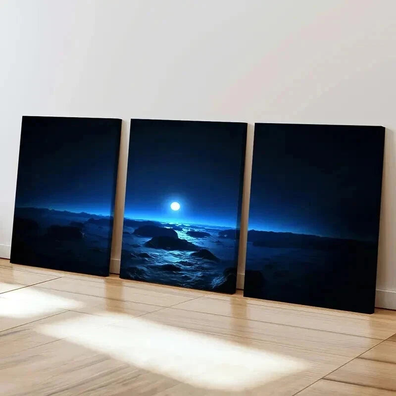 3pcs Full Moon Over Beach Landscape Wall Art Set Canvas Framed 40x60cm - High Quality Print 100% Australian Made Wall Canvas Ready to Hang