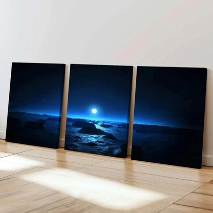 3pcs Full Moon Over Beach Landscape Wall Art Set Canvas Framed 40x60cm - High Quality Print 100% Australian Made Wall Canvas Ready to Hang