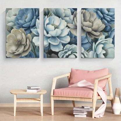 3pcs Blue Floral Elegant Blue & White Flowers Metal Print Ready to Hang Art