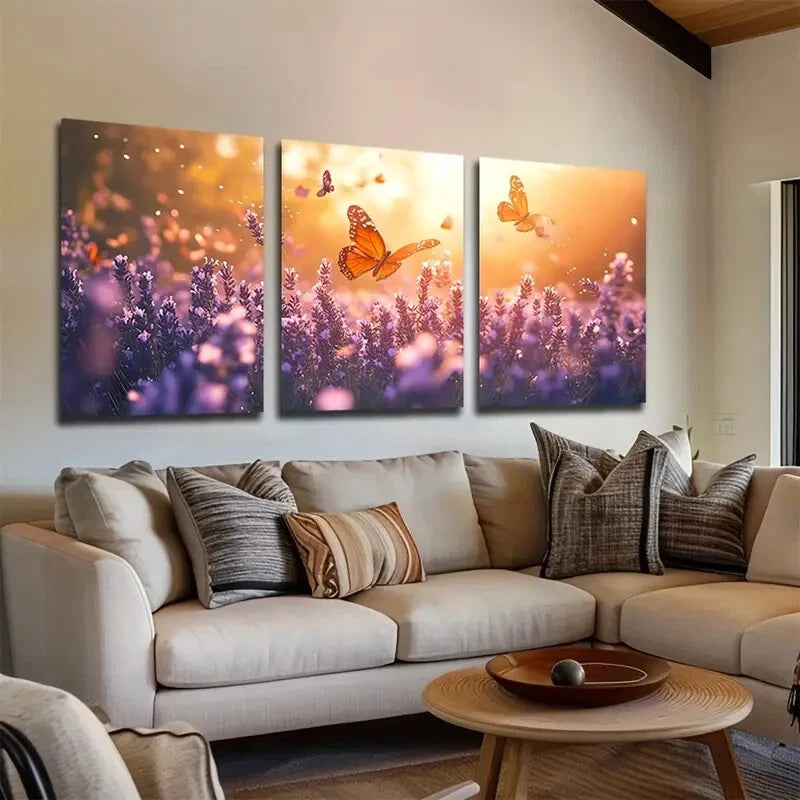 3pcs Lavender with Flying Butterflies Perfect Wall Art Set Canvas Framed 40x60cm - High Quality Print 100% Australian Made Wall Canvas Ready to Hang