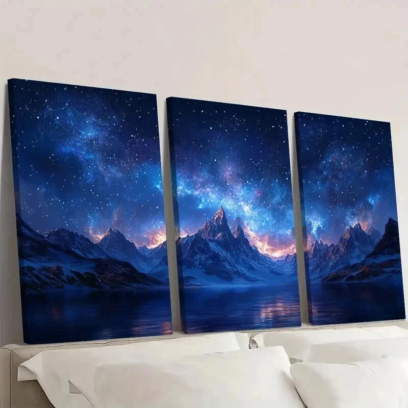 3pcs Snow Mountain Starry Sky Decor Wall Art Set Canvas Framed 40x60cm - High Quality Print 100% Australian Made Wall Canvas Ready to Hang