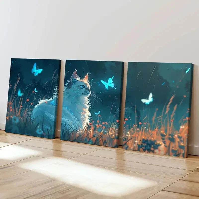 3pcs Animal Theme Fantasy Cat & Butterfly Wall Art Set Canvas Framed 40x60cm - High Quality Print 100% Australian Made Wall Canvas Ready to Hang