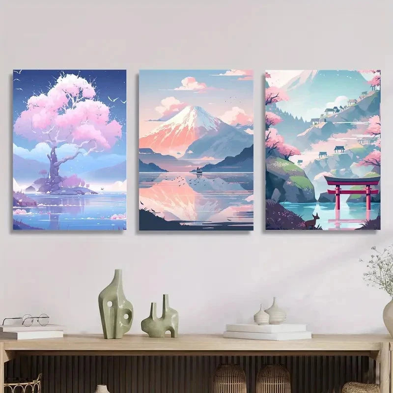 3pcs Snowy Mountain Landscape with Cherry Blossom Metal Print Ready to Hang Art
