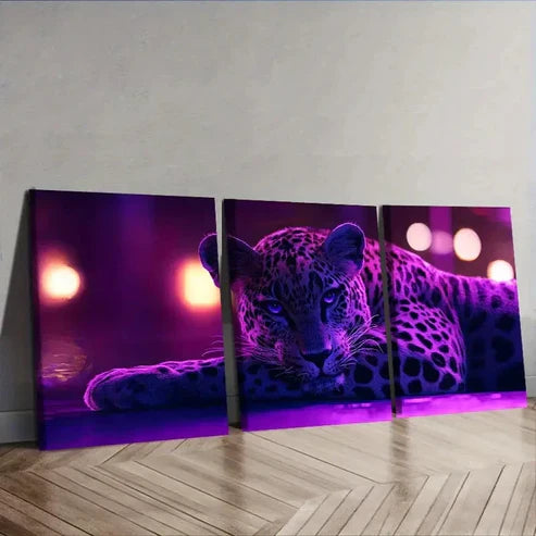 3pcs Leopard, Purple Light Effect Wall Art Set Canvas Unframed - High Quality Print 100% Australian Made Wall Canvas