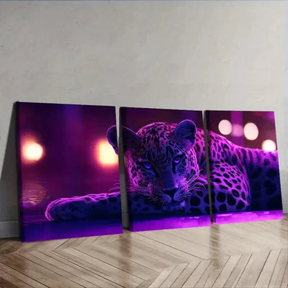 3pcs Leopard, Purple Light Effect Wall Art Set Canvas Unframed - High Quality Print 100% Australian Made Wall Canvas