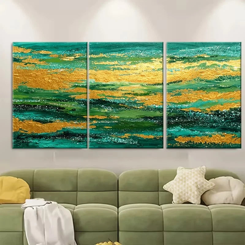 3pcs Abstract Landscape Teal Green, Golden, Black, Metal Print Ready to Hang Art