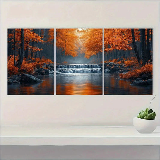 3pcs Orange Trees & Waterfall Autumn Forest Wall Art Set Canvas Framed 60x90cm - High Quality Print 100% Australian Made Wall Canvas Ready to Hang