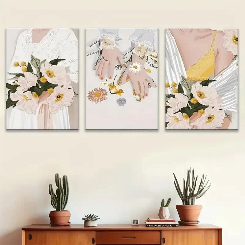 3pcs Woman in White Dress Elegant Floral Metal Print Ready to Hang Art