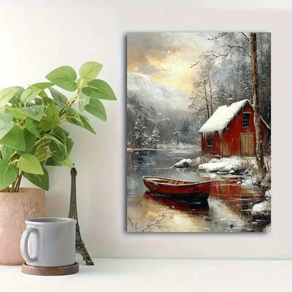 Beautiful Panoramic Tranquil Winter Lake Painting 40x60cm Metal Print Ready to Hang