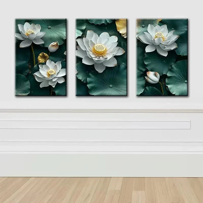 3pcs White Lotus leaves Metal Print Ready to Hang Art