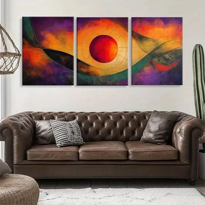 3pcs Vibrant Abstract Geometric Orange & Purple Metal Print Ready to Hang Art
