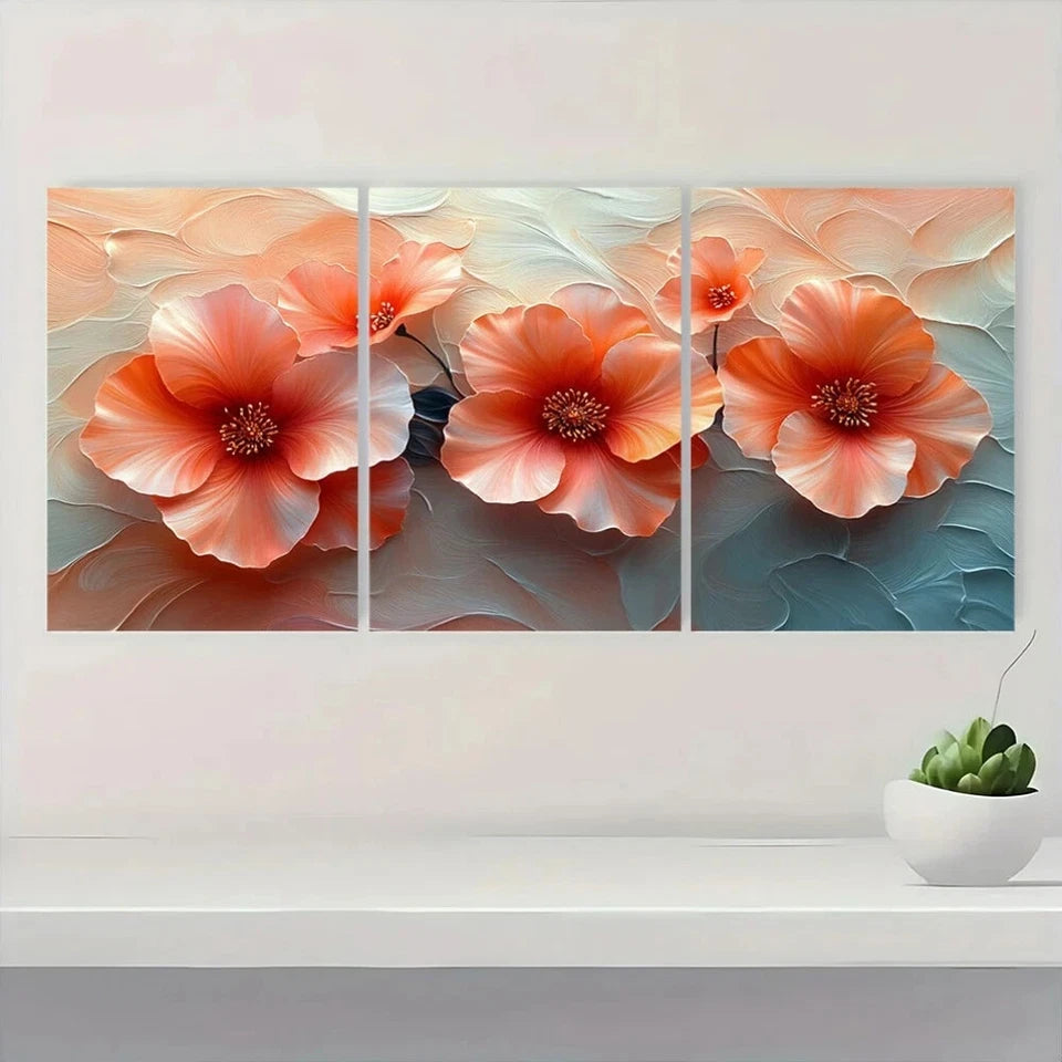3pcs Elegant Orange & Pink Flowers Green Leaves Metal Print Ready to Hang Art