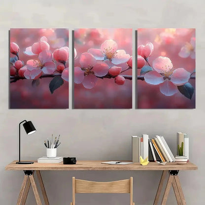 3pcs Pink &White Flower Branches on Red Background Metal Print Ready to Hang Art