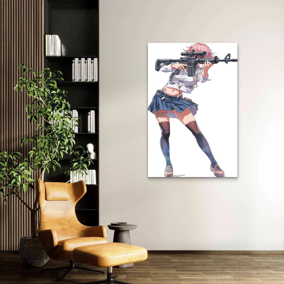 Anime Girl Aiming With A Gun 60×90cm Metal Print Ready to Hang