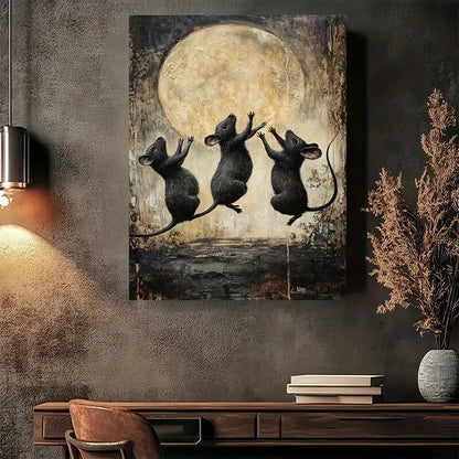 Beautiful Whimsical Jumping Mice Under Moon Painting 40x60cm Metal Print Ready to Hang