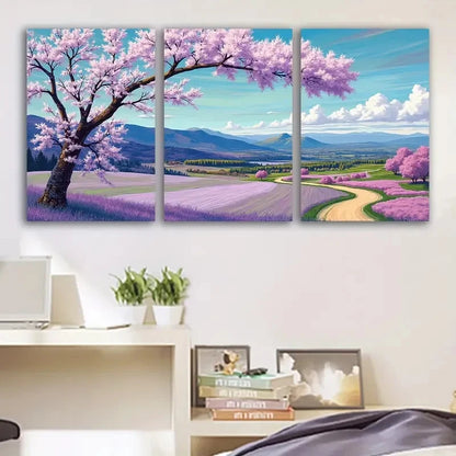 3pcs Road Through Purple Cherry Blossoms Wall Art Set Canvas Framed 50x70cm - High Quality Print 100% Australian Made Wall Canvas Ready to Hang