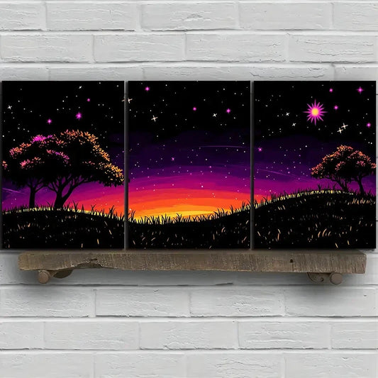 3pcs Starry Night Sky with Trees Metal Print Ready to Hang Art