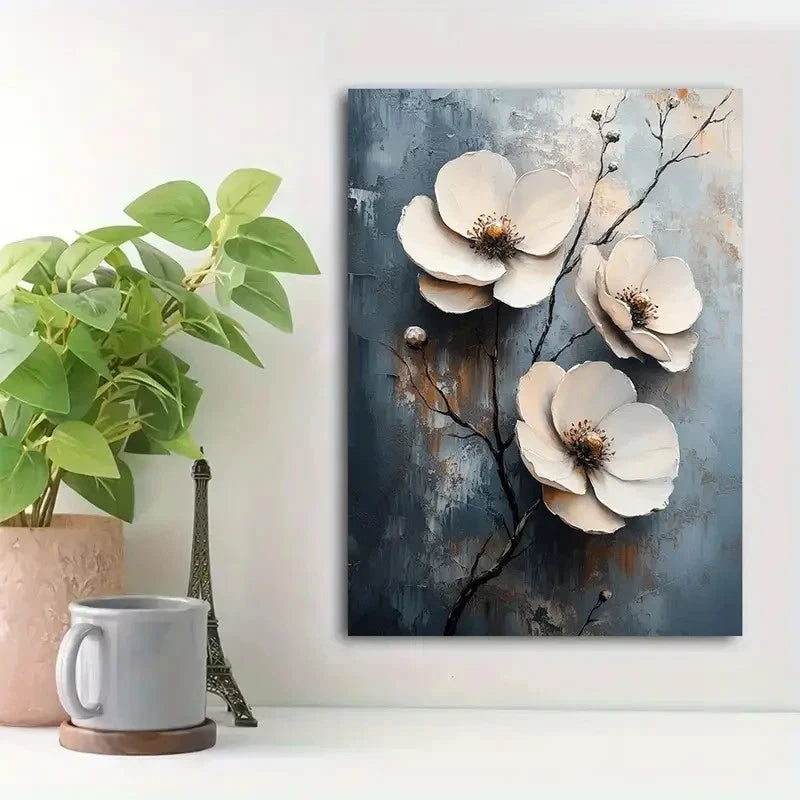 Beautiful Textured White Floral Painting 40x60cm Metal Print Ready to Hang
