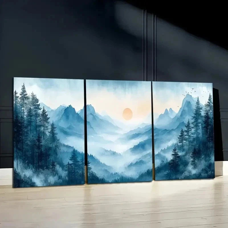 3pcs Japanese Misty Mountains With Sunrise Wall Art Set Canvas Framed 50x70cm - High Quality Print 100% Australian Made Wall Canvas Ready to Hang
